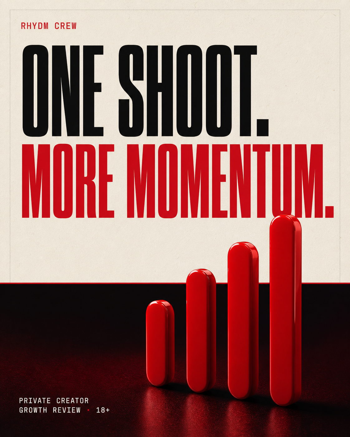 Rhydm Crew campaign artwork reading One shoot. More momentum. Private Creator Growth Review, 18+.